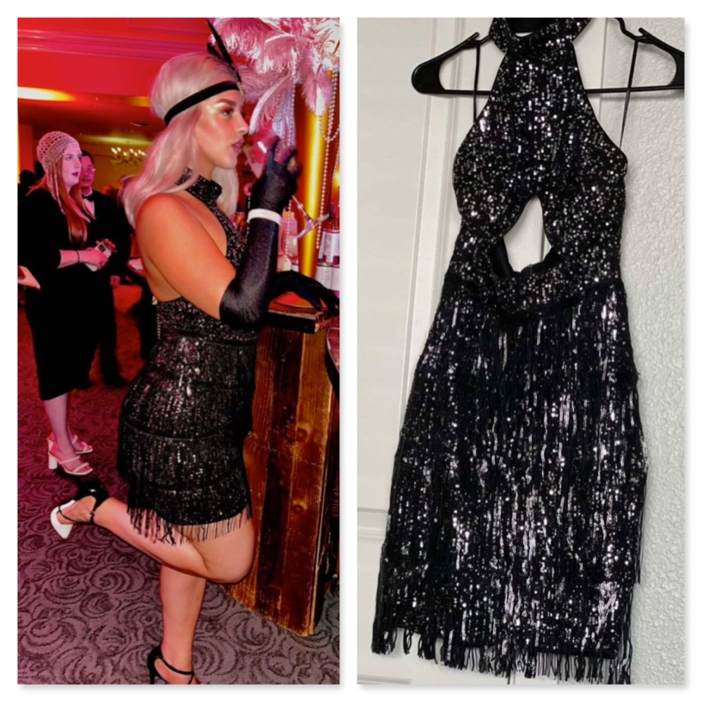 Black Sequined Tassel Cut Out Mini Short Dress Halter Neck - Picture 8 of 14